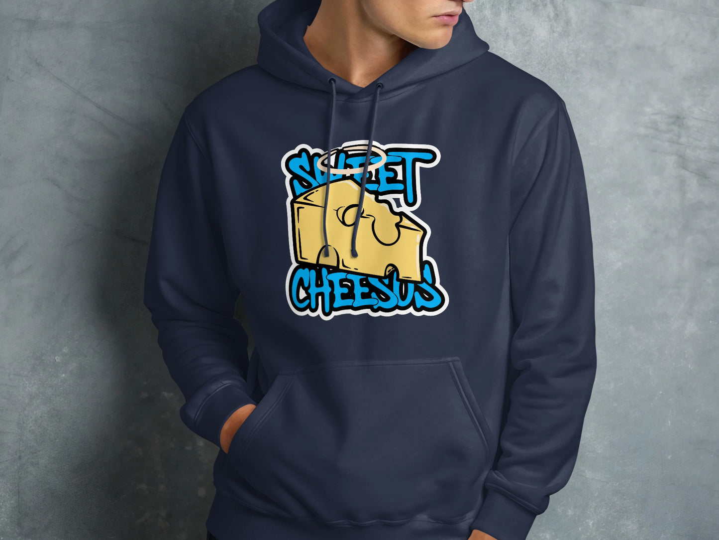 Navy hoodie with a cartoon cheese graphic and "Sweet Cheesus" text.