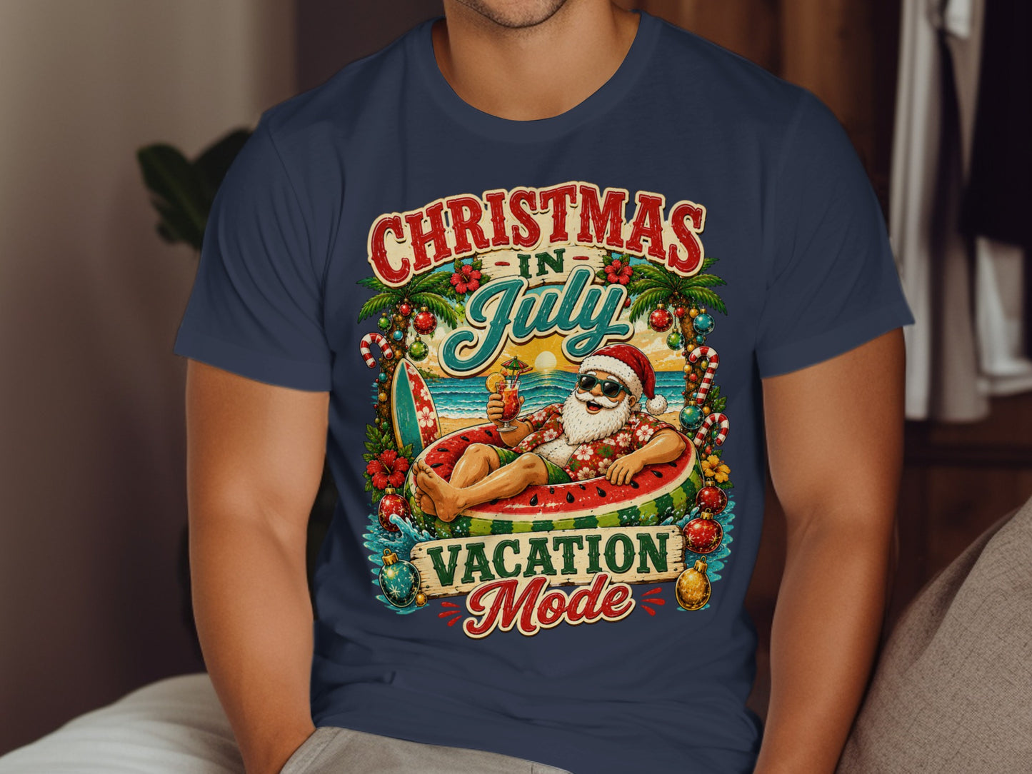 Santa in vacation mode on a float, text reads "Christmas in July Vacation Mode".