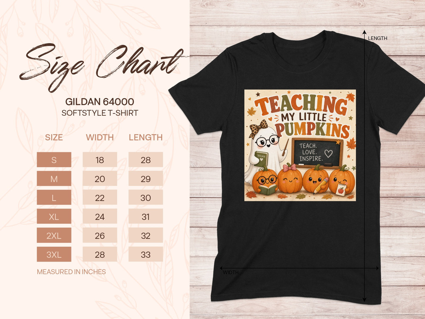 Black t-shirt with "Teaching My Little Pumpkins" graphic and size chart.