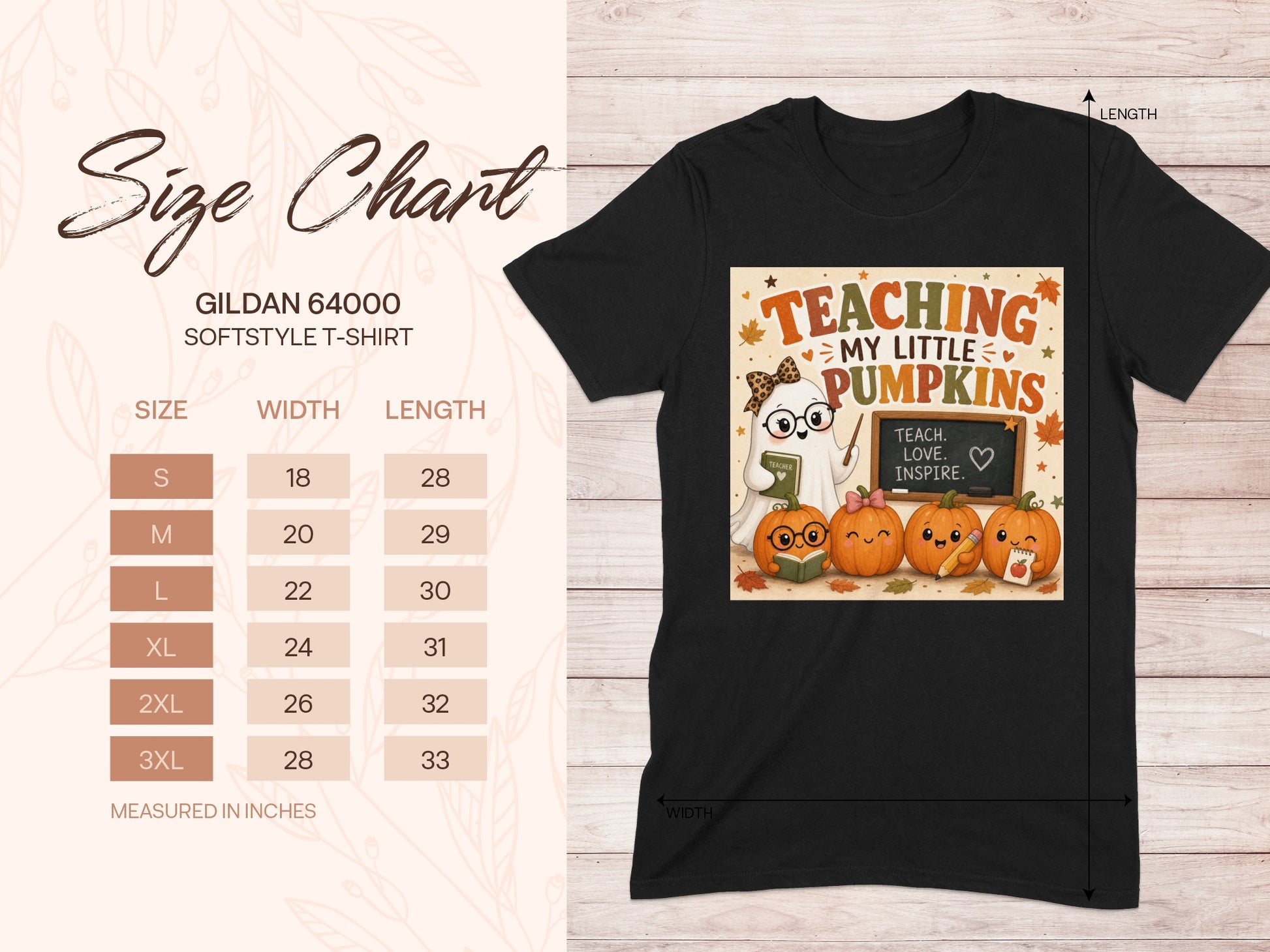 Black t-shirt with "Teaching My Little Pumpkins" graphic and size chart.