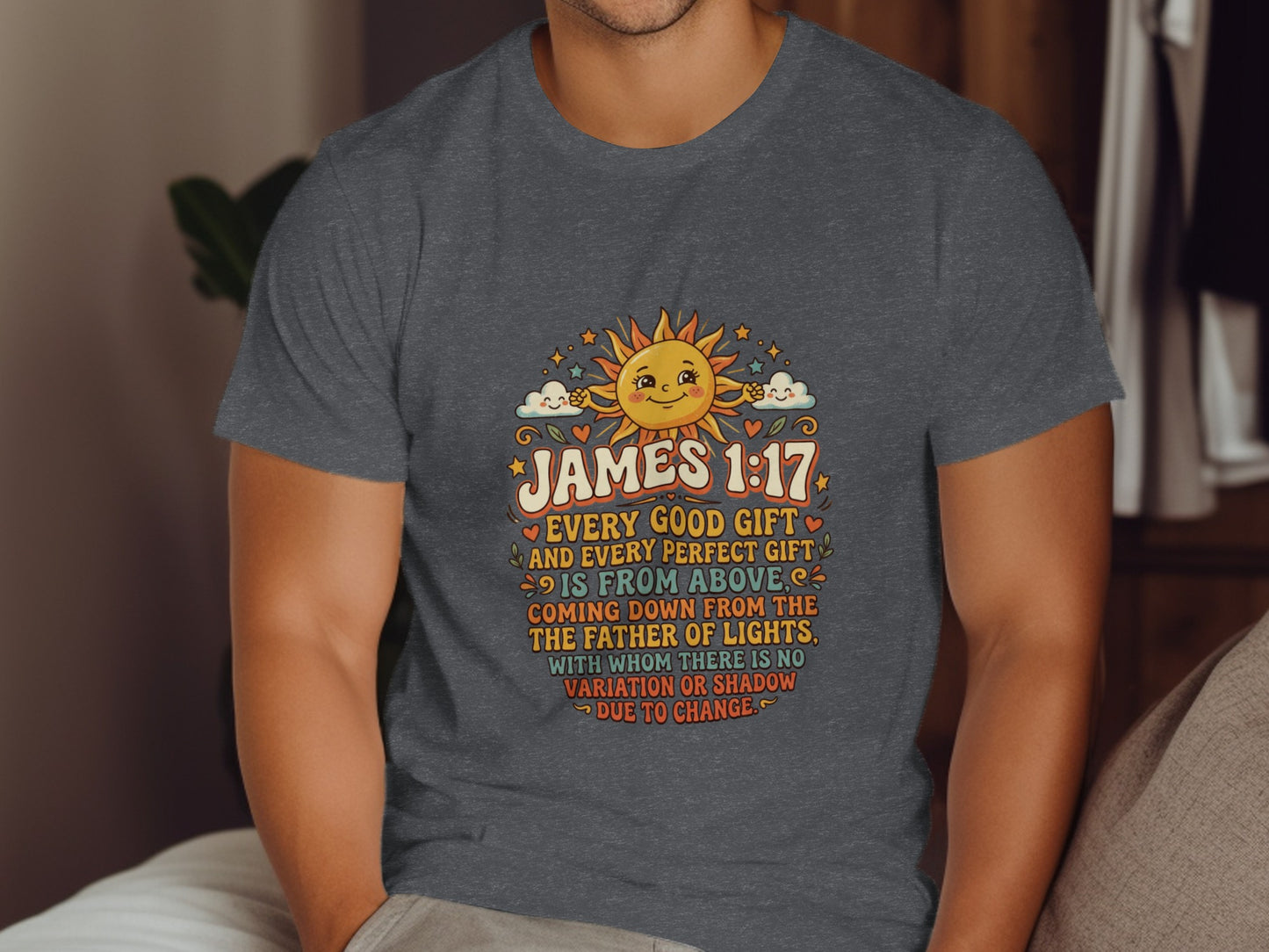 T-shirt with James 1:17 Bible verse and smiling sun graphic.