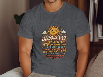 T-shirt with James 1:17 Bible verse and smiling sun graphic.