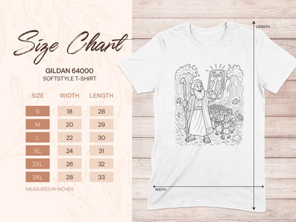 Gildan 64000 Softstyle T-shirt size chart with cartoon Moses parting water.