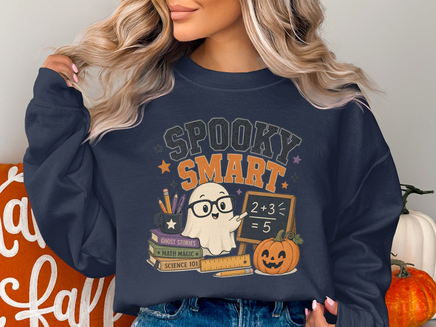 Spooky Smart design with ghost, pumpkin, books, and chalkboard equation.