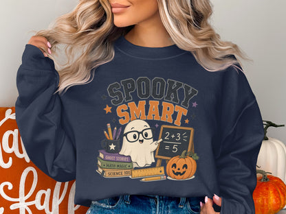 Spooky Smart design with ghost, pumpkin, books, and chalkboard equation.