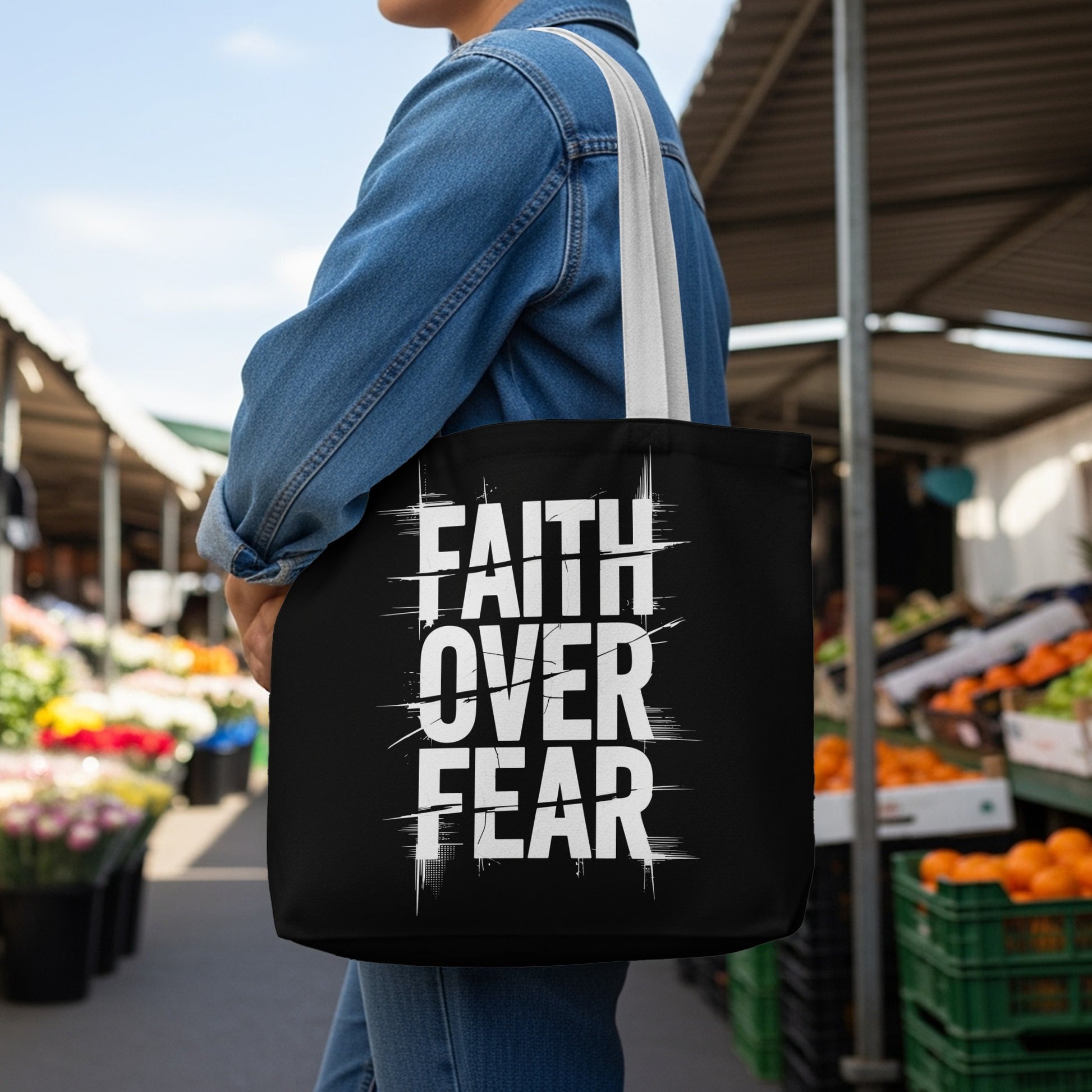 Black tote bag with "FAITH OVER FEAR" text in white distressed font.