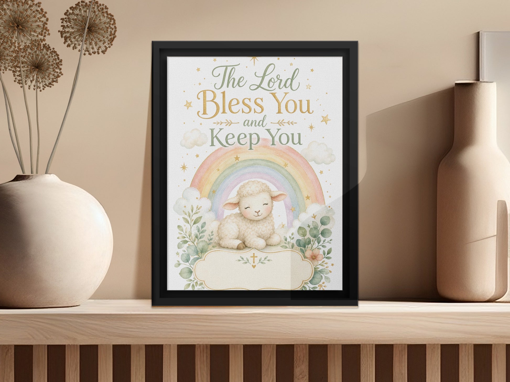 "The Lord Bless You and Keep You" art with lamb and rainbow.