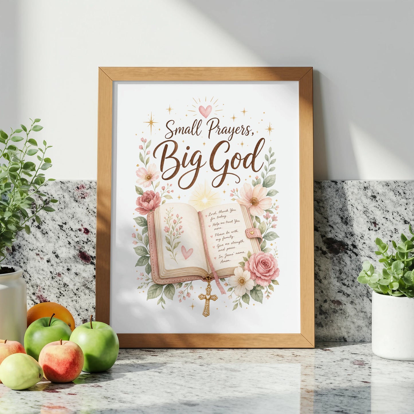 Framed artwork with watercolor flowers and text "Small Prayers, Big God".