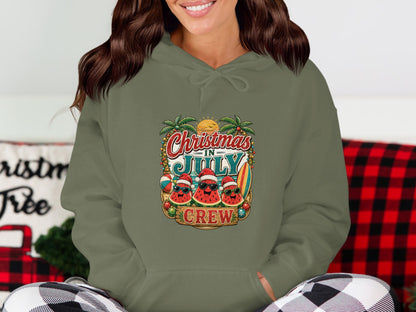 Christmas in July crew design with watermelons and palm trees.