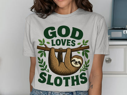 T-shirt with "God Loves Sloths" text and a sloth hanging on a branch.