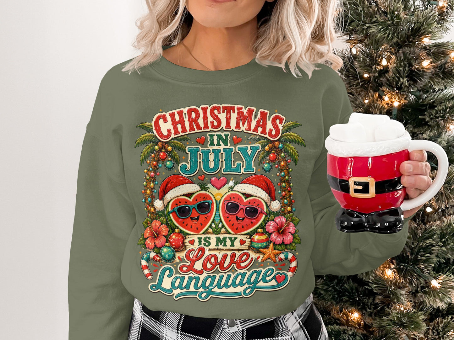 Christmas in July sweatshirt with heart sunglasses, candy canes, and tropical flowers.