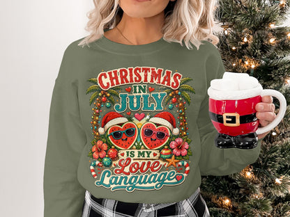 Christmas in July sweatshirt with heart sunglasses, candy canes, and tropical flowers.