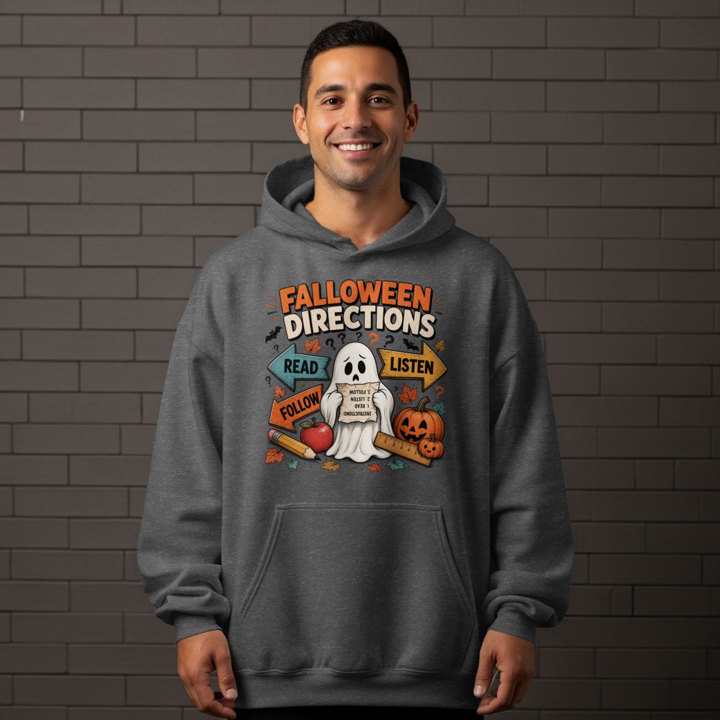 Halloween Directions graphic with ghost, pumpkins, apple, pencil, and directional arrows.