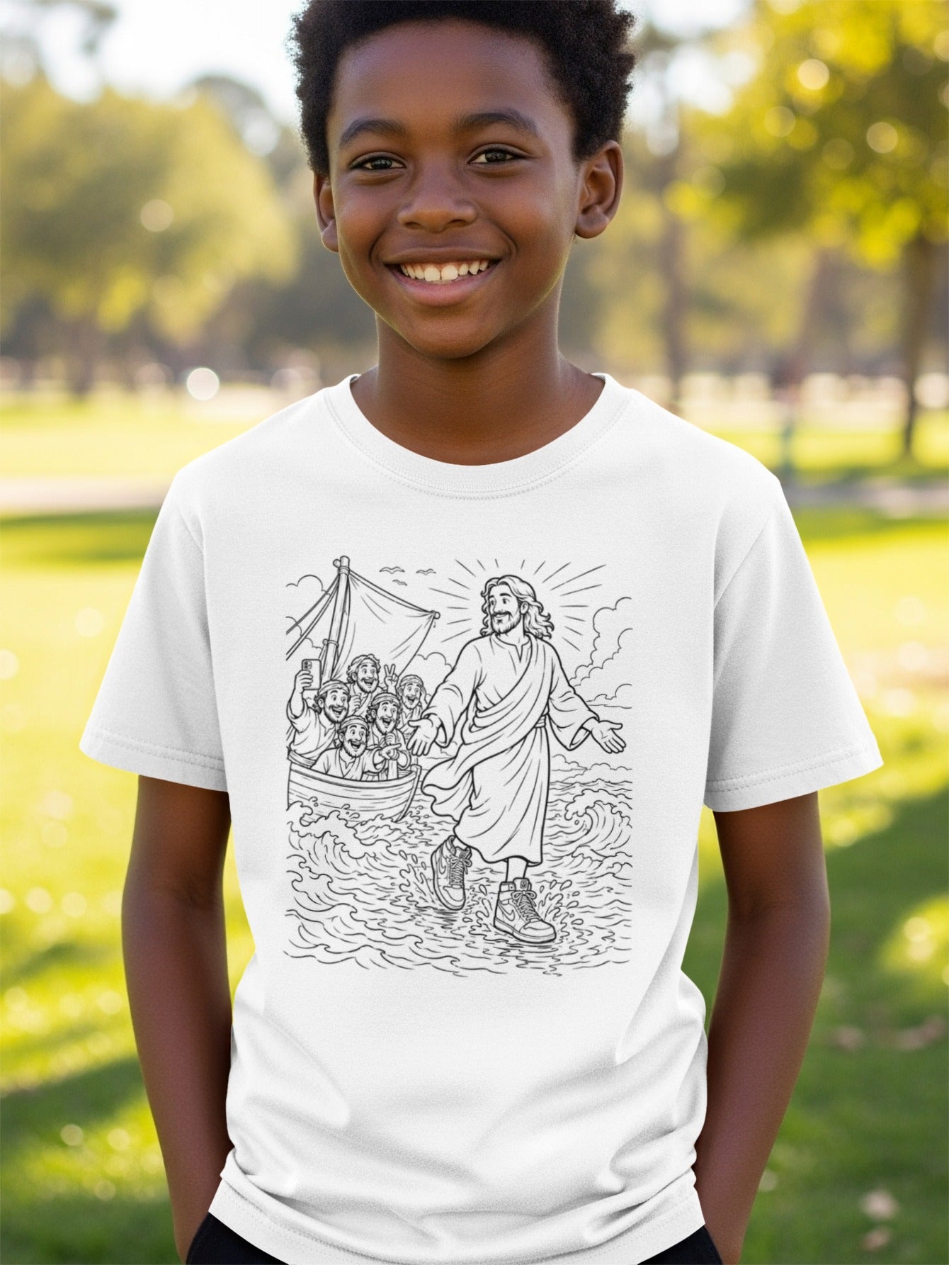 Boy wearing a white t-shirt with a drawing of Jesus walking on water.