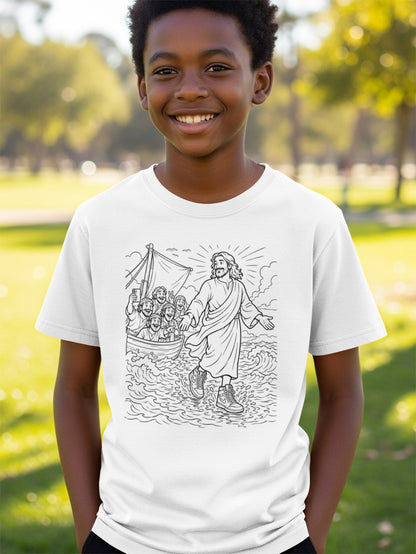 Boy wearing a white t-shirt with a drawing of Jesus walking on water.