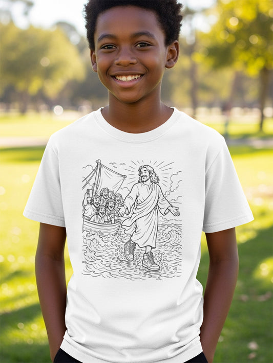 Boy wearing a white t-shirt with a drawing of Jesus walking on water.