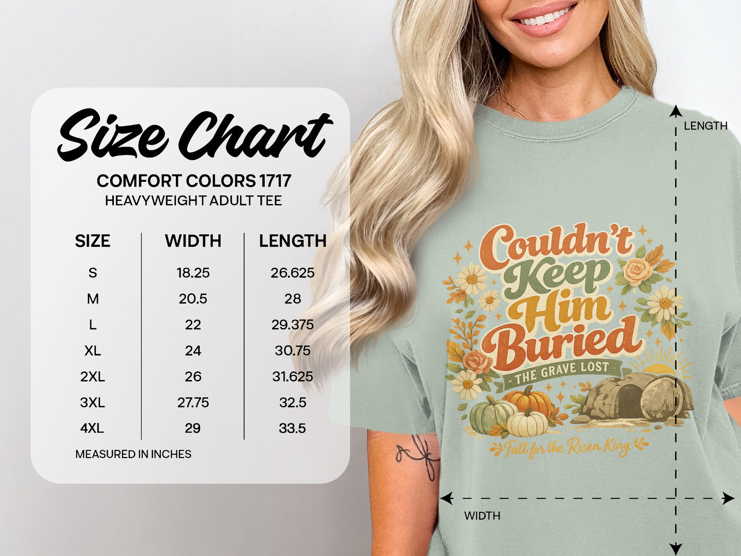 Comfort Colors 1717 heavyweight adult tee size chart with shirt graphic.