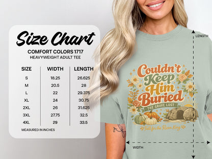 Comfort Colors 1717 heavyweight adult tee size chart with shirt graphic.