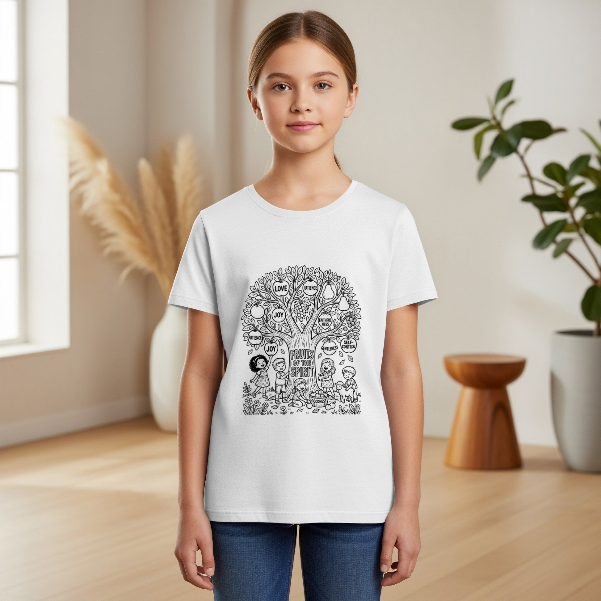 White t-shirt with black line art of a tree bearing "Fruits of the Spirit" labels.
