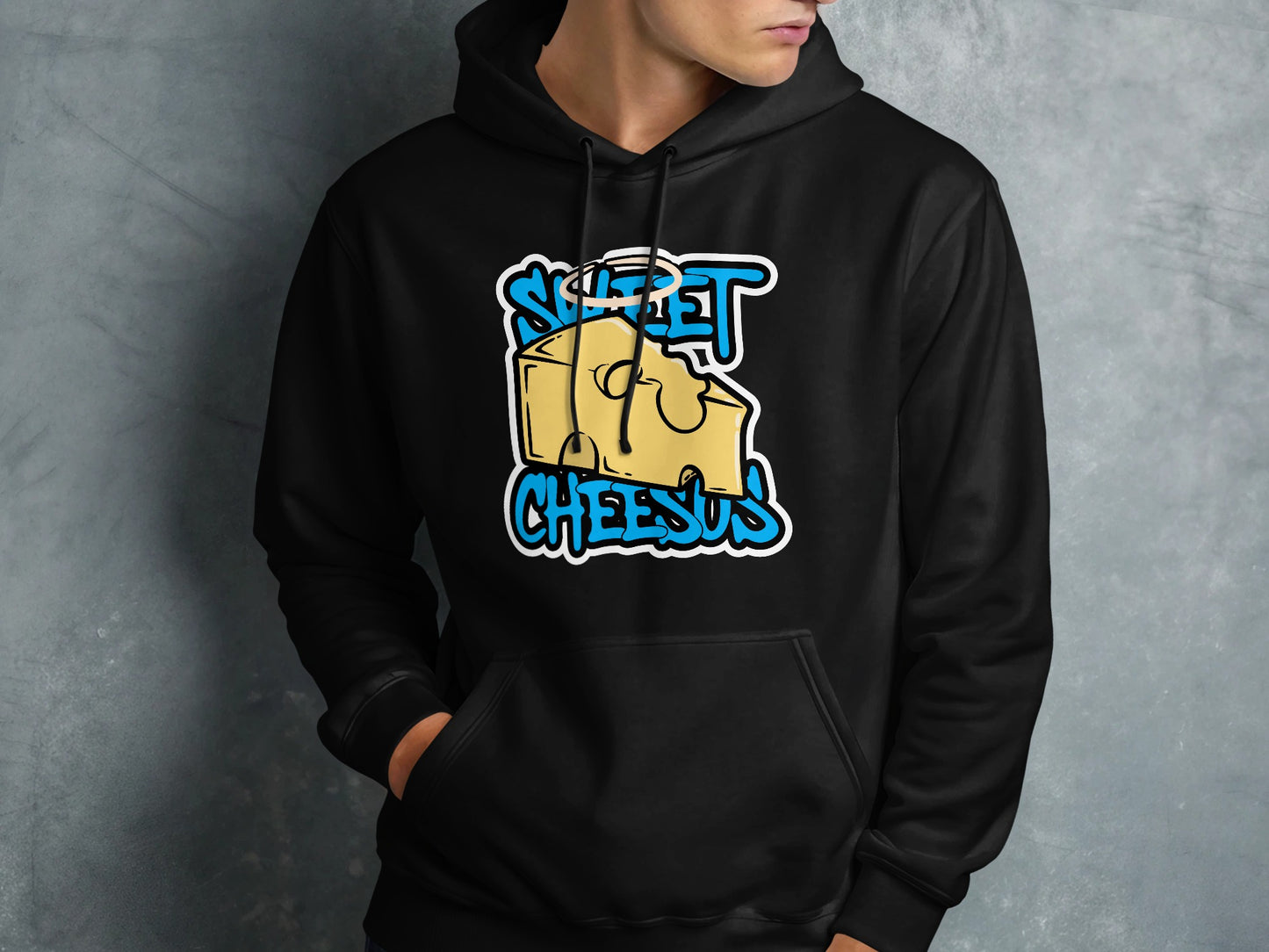 Black hoodie with a cartoon cheese graphic and "Sweet Cheesus" text.
