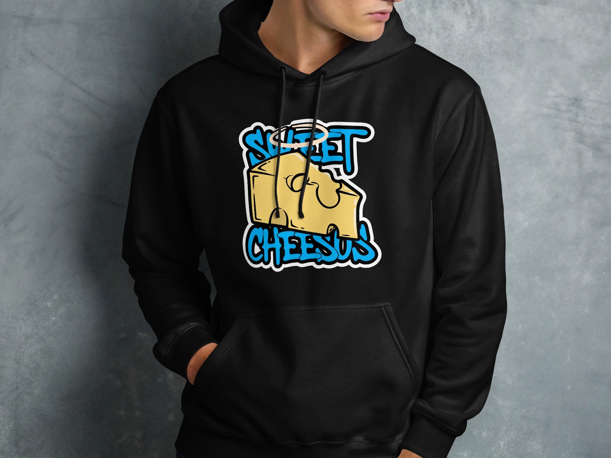 Black hoodie with a cartoon cheese graphic and "Sweet Cheesus" text.