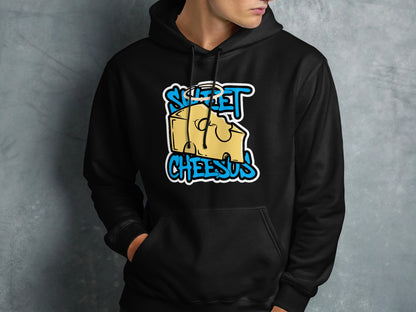 Black hoodie with a cartoon cheese graphic and "Sweet Cheesus" text.