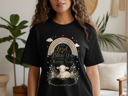 Black t-shirt with a rainbow and lamb graphic reading "The Lord Bless You and Keep You".