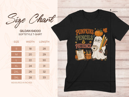 Black t-shirt with "Pumpkins Pencils & Patience" graphic and size chart.