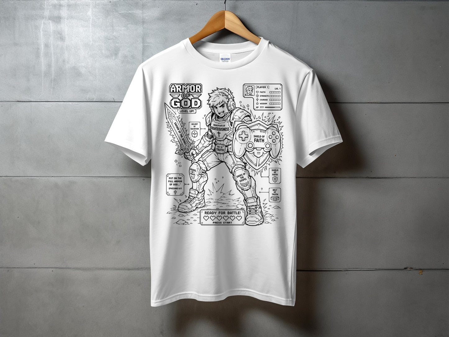 White t-shirt with "Armor of God" graphic featuring shield, sword, and armor stats.