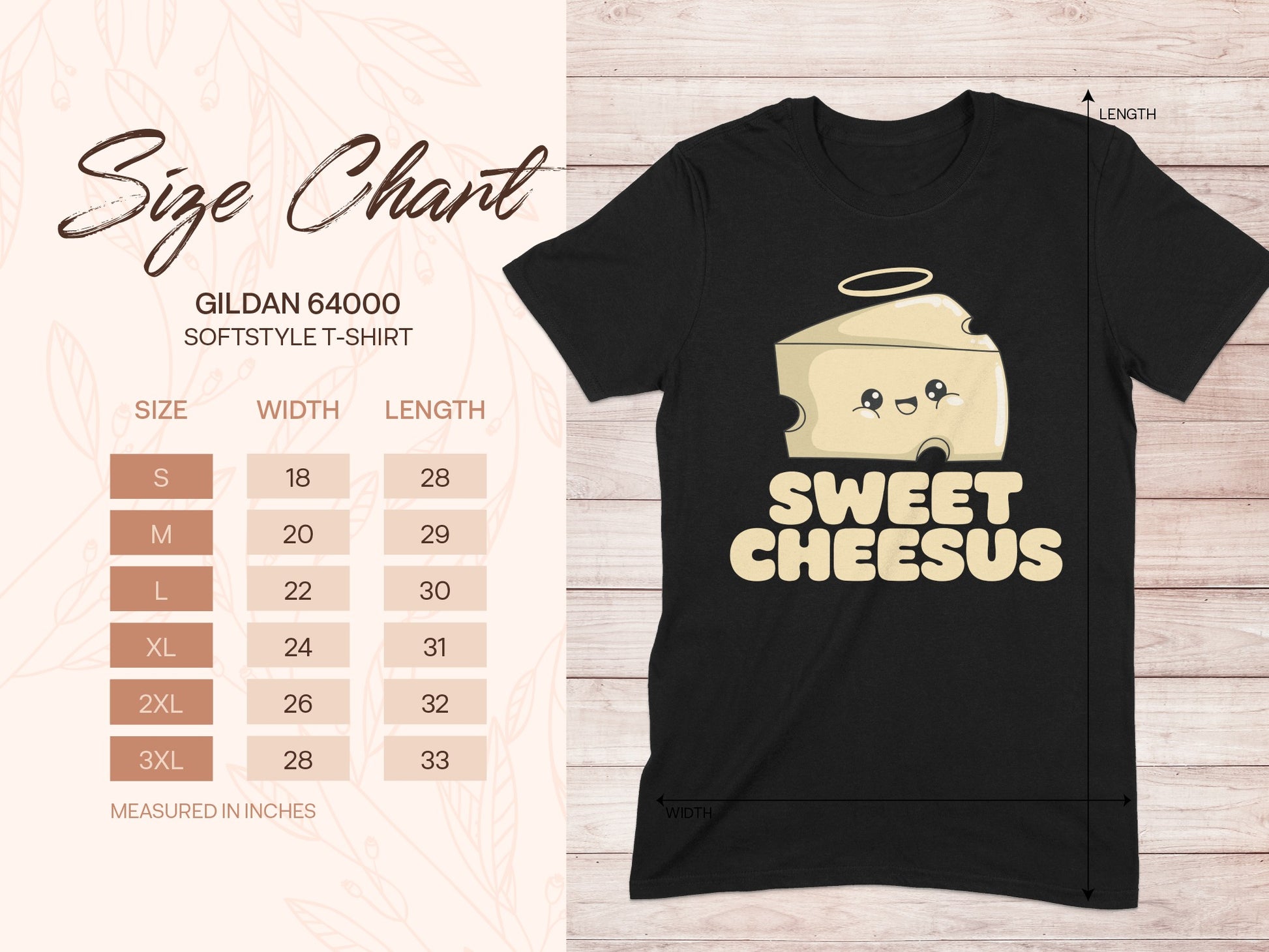 Gildan 64000 t-shirt size chart with cartoon cheese graphic.