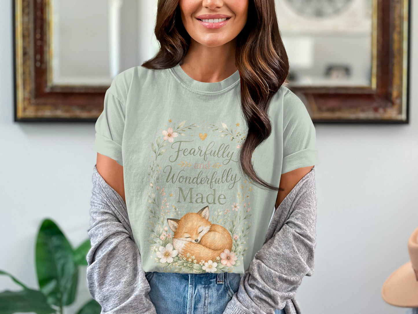 T-shirt with watercolor fox, flowers, and text "Fearfully and Wonderfully Made".