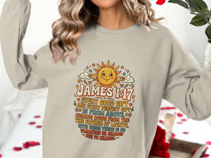 Sweatshirt with James 1:17 bible verse and a sun graphic.