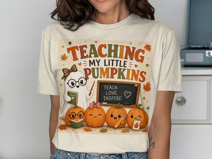 Ghost and pumpkins with text "TEACHING MY LITTLE PUMPKINS" and "TEACH. LOVE. INSPIRE."