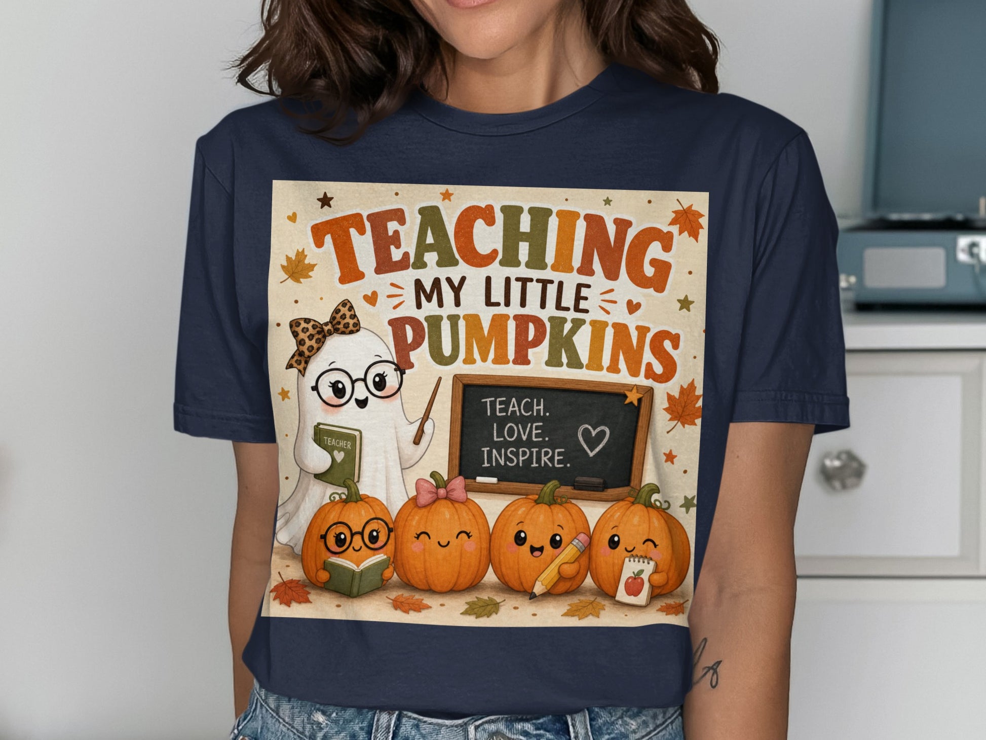 Teaching My Little Pumpkins graphic with a ghost teacher and four pumpkins.