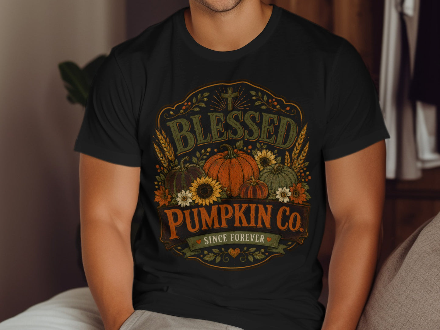 Black t-shirt featuring pumpkins, sunflowers, wheat, and "Blessed Since Forever" text.