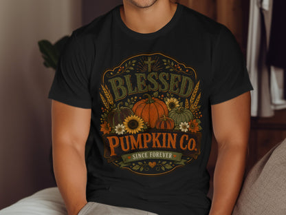 Black t-shirt featuring pumpkins, sunflowers, wheat, and "Blessed Since Forever" text.