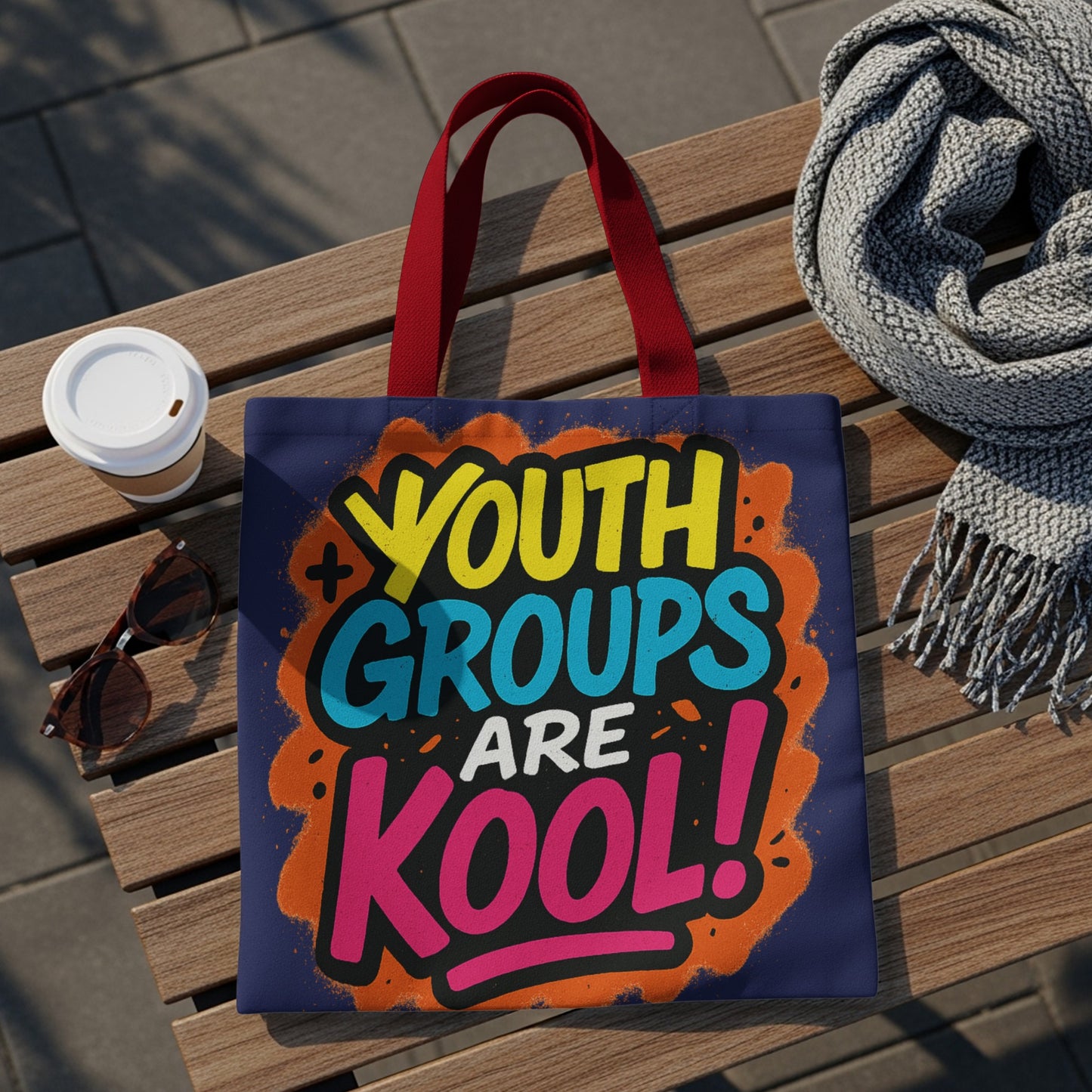 Navy blue tote bag with colorful "YOUTH GROUPS ARE KOOL!" graphic.