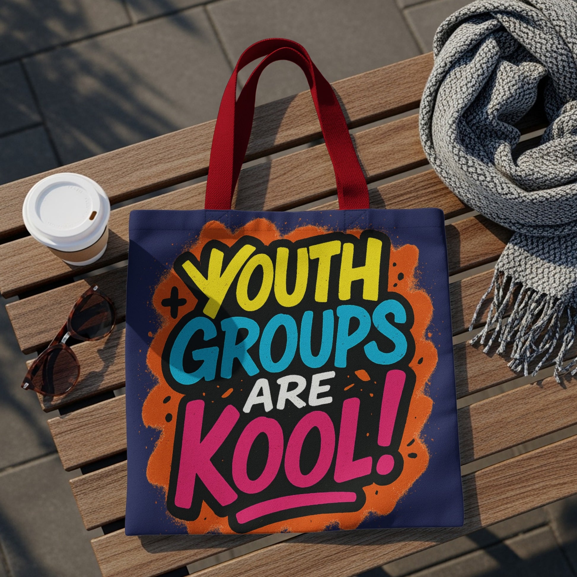 Navy blue tote bag with colorful "YOUTH GROUPS ARE KOOL!" graphic.