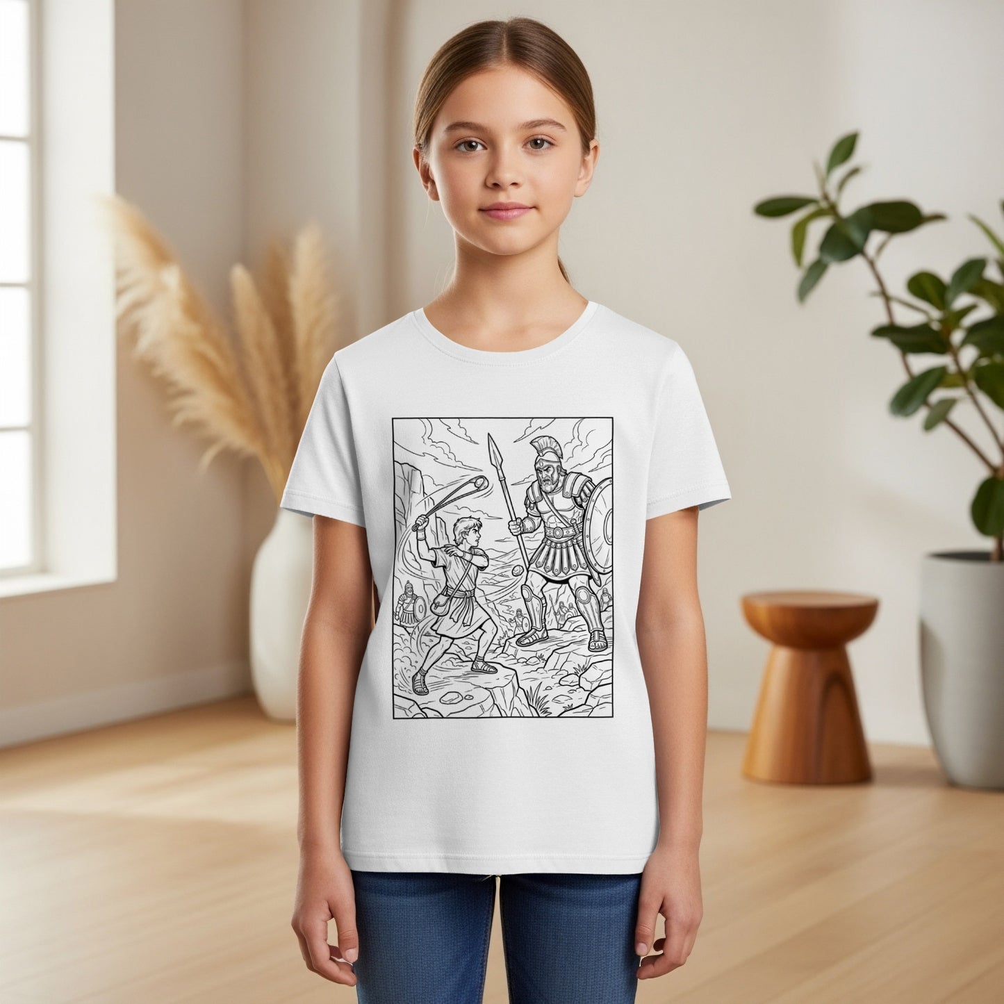 Girl wearing a t-shirt with a black and white line drawing of ancient warriors.