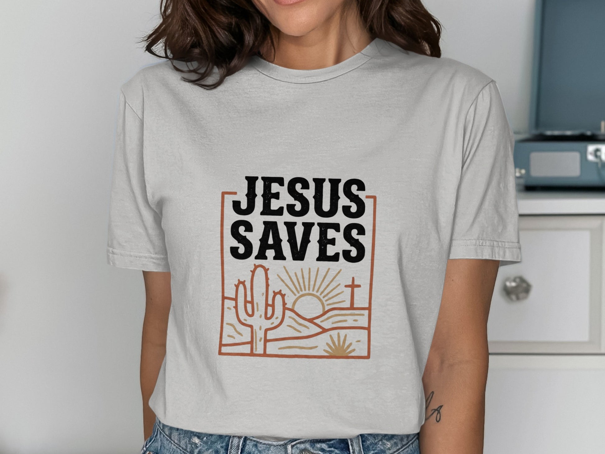 Jesus Saves T-Shirt, Christian Faith Tee, Religious Desert Landscape Shirt, Insp | Christian shirt | Custom Church Merch