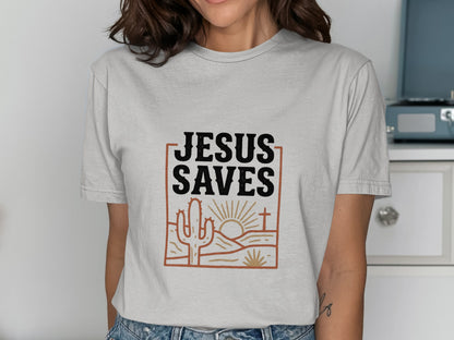 Jesus Saves T-Shirt, Christian Faith Tee, Religious Desert Landscape Shirt, Insp | Christian shirt | Custom Church Merch