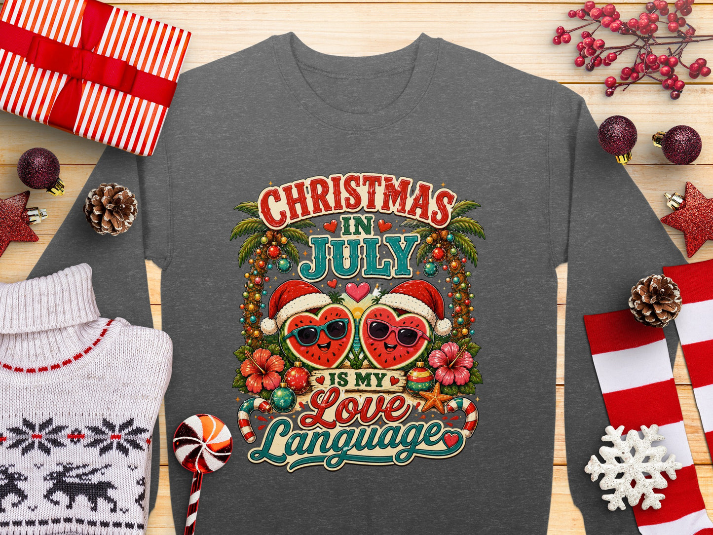 Christmas in July graphic with two watermelon hearts wearing sunglasses.