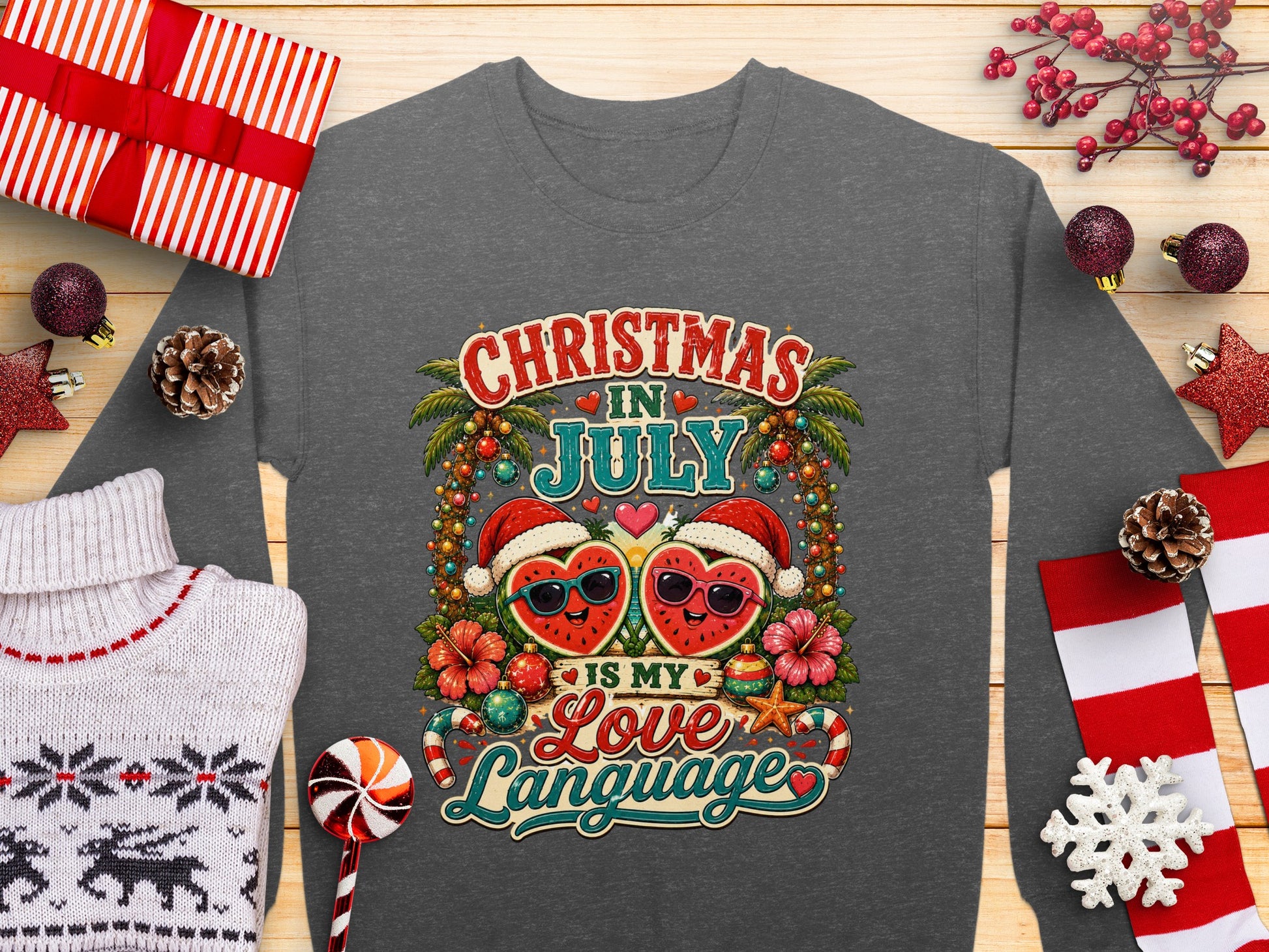Christmas in July graphic with two watermelon hearts wearing sunglasses.