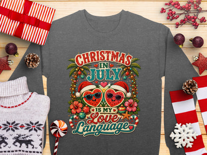 Christmas in July graphic with two watermelon hearts wearing sunglasses.