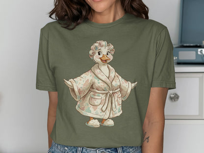 Duck in a robe and slippers with curlers in its hair.