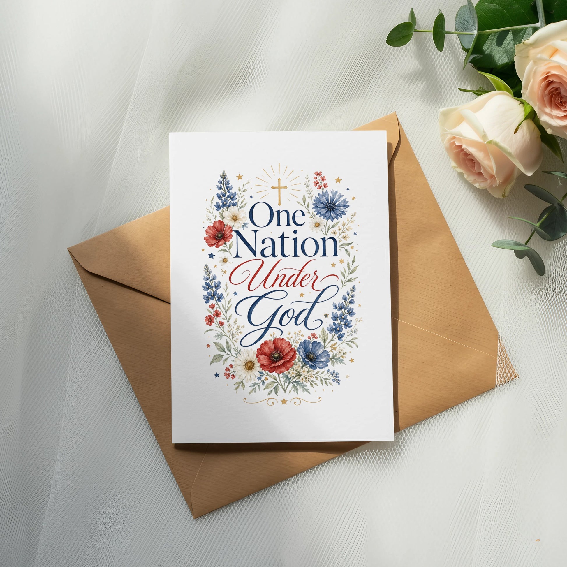 Card with "One Nation Under God" text, floral design, and gold cross.