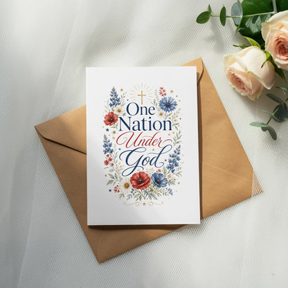 Card with "One Nation Under God" text, floral design, and gold cross.