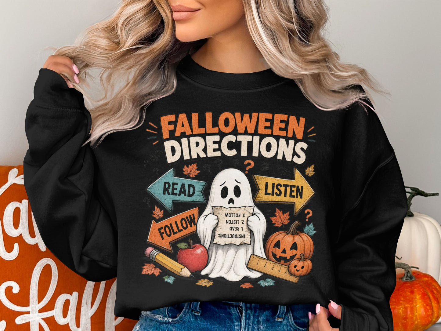 Ghost graphic with "Falloween Directions" text, arrows, and fall theme.