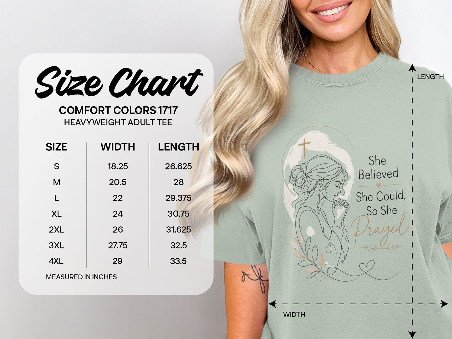 Comfort Colors 1717 heavyweight adult tee size chart with "She Believed, She Could, So She Prayed" graphic.