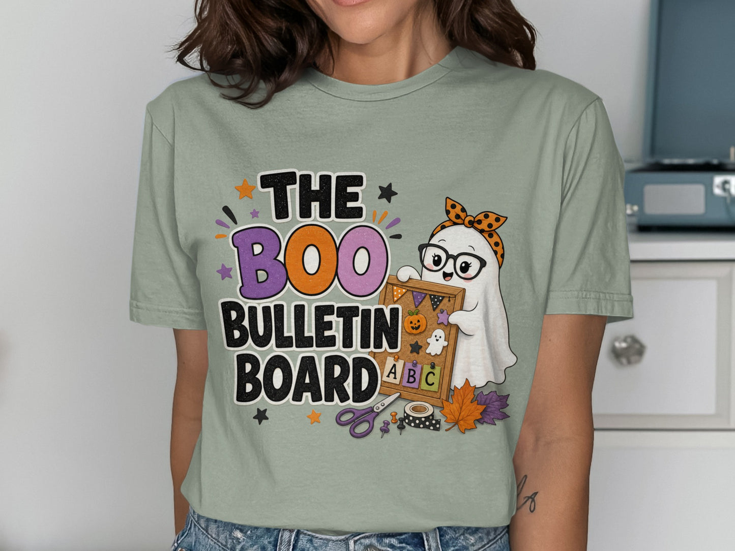 "The Boo Bulletin Board" text with a ghost holding a bulletin board.